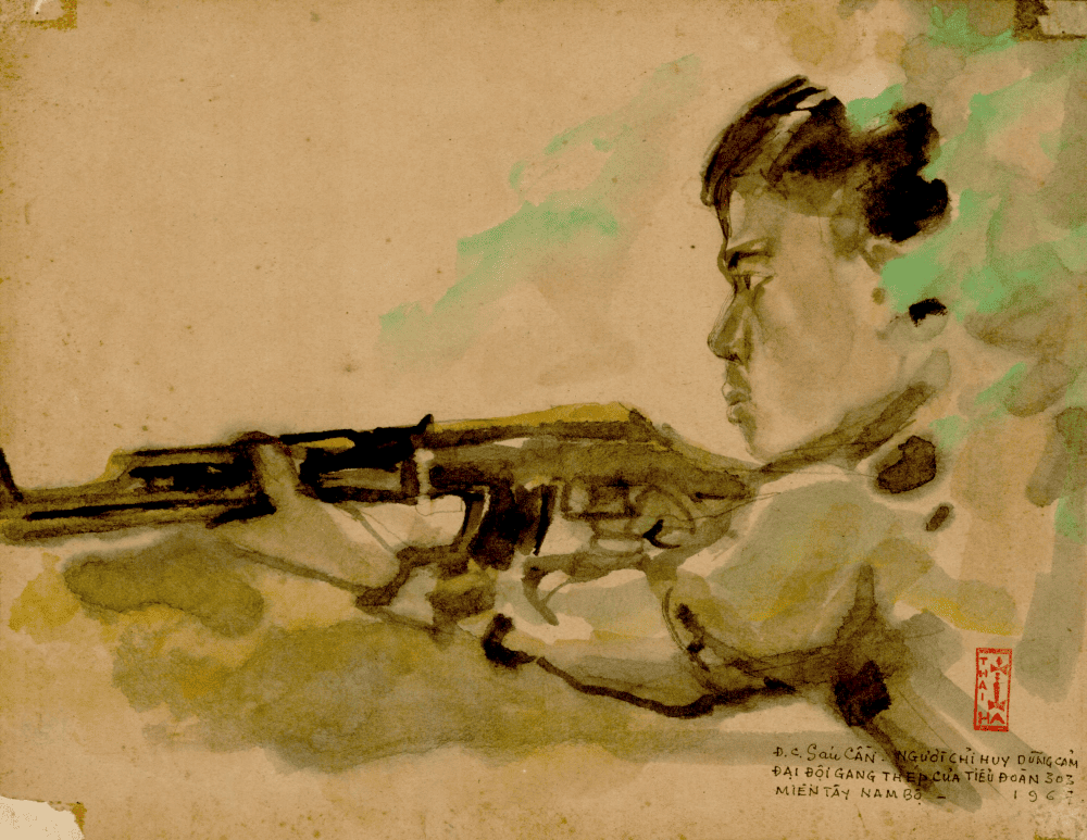 The painting “Comrade Sau Can" is a watercolor painting by artist Thai Ha, displayed at the Ho Chi Minh City Museum of Fine Arts (Source: Bảo tàng mỹ thuật TPHCM)